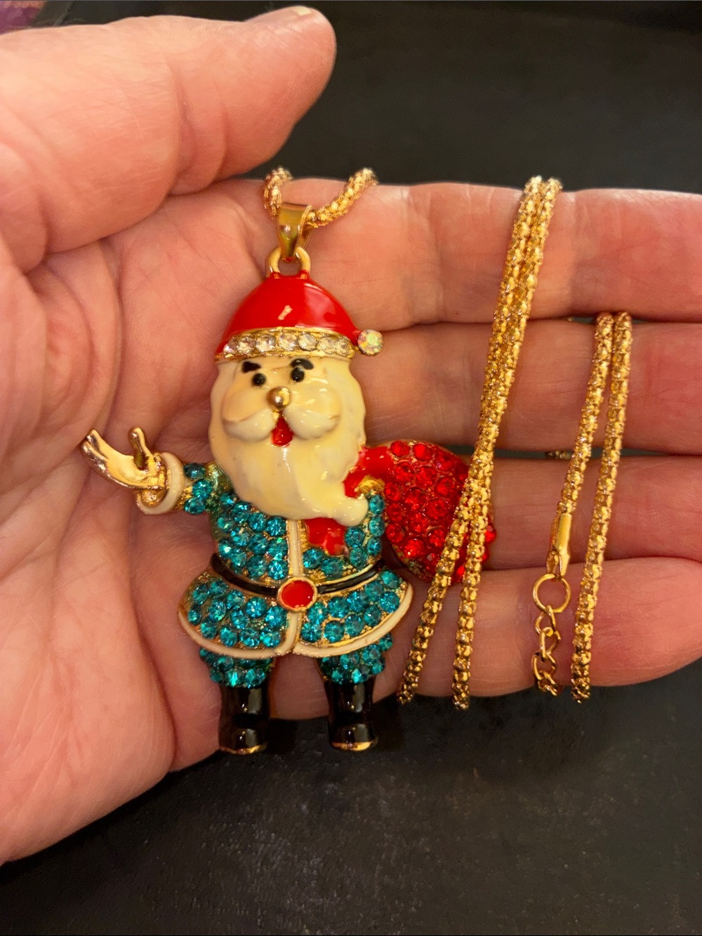 Santa Pendant Necklace with Red and Turquoise Crystal Accents